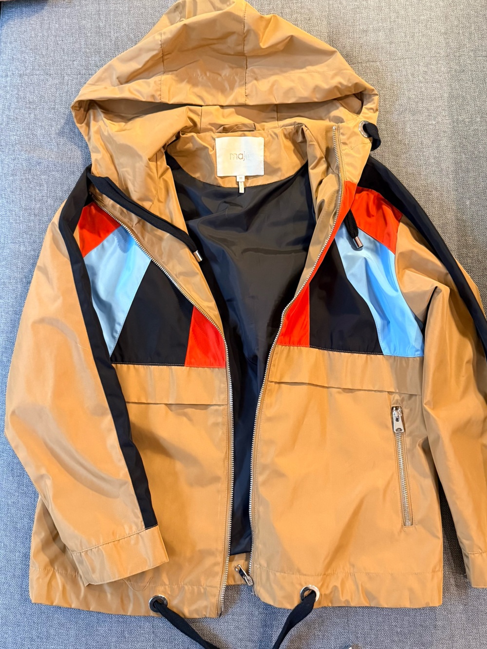 Maje Tan Windbreaker with Black, Red & Light Blue Panels